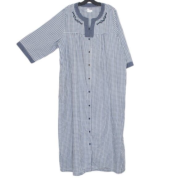 Vintage Nightgown Coastal Grandma Cottagecore Prairie Retro Button Plaid Blue 1X - Picture 1 of 4